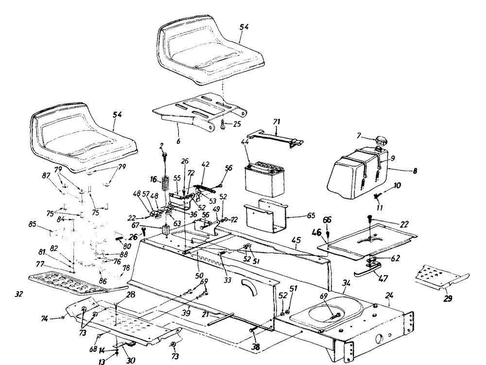 Seat, Fuel Tank, Battery, Frame Diagram and Parts List for 13AM675G062 1999 Yard Machines Lawn Tractor